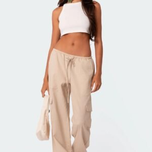 Beige Drawstring Cargo Wide Leg Pants