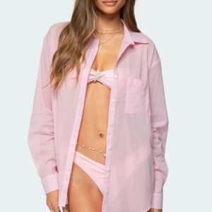 Pink Sheer Button-Up Beach Cover-Up Shirt