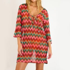 Multicolor Printed Lace-Up Neck Beach Cover-Up Dress