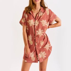 Rust Palm Print Shirt Dress Cover-Up