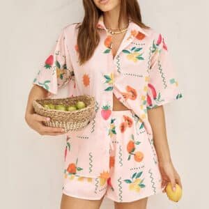 Pink Fruit Print Short Sleeve Shirt and Shorts Lounge Set