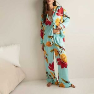 Floral Print Satin Long Pajama Set