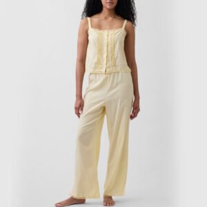 Yellow Linen Blend Lace Trim Cami and Pants Set