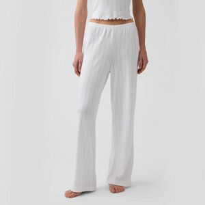 White Pointelle Knit Wide Leg Pajama Pants