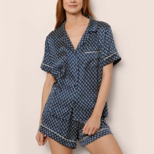 Navy Printed Silk Shirt and Short Pajama Set