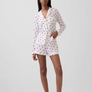 Strawberry Print Button-Up Pajama Shirt and Shorts Set