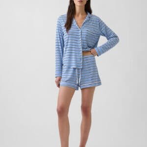 Blue Striped Long Sleeve Pajama Shirt and Shorts Set