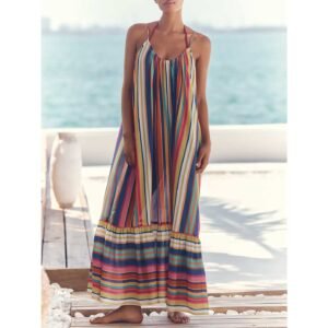 Multicolor Striped Ruffle Hem Maxi Beach Dress