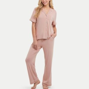Women’s Short Sleeve Button-Up Pajama Set with Contrast Piping