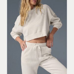 Ribbed Cropped Hoodie and Jogger Lounge Set