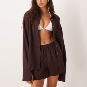 Chocolate Sheer Long Sleeve Beach Shirt and Shorts Set