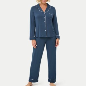 Long Sleeve Button-Up Pajama Set with Contrast Piping