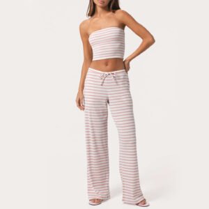 Pink Striped Bandeau Top and Wide-Leg Pants Set