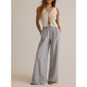 Striped Linen Wide-Leg Drawstring Pants