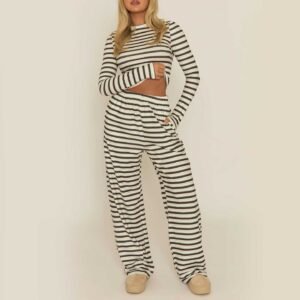 Striped Long Sleeve Crop Top and Wide-Leg Pants Set