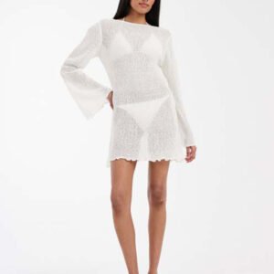 White Sheer Crochet Knit Long Sleeve Beach Cover-Up Dress