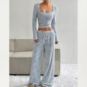 Striped Square Neck Crop Top and Wide Leg Pants Se