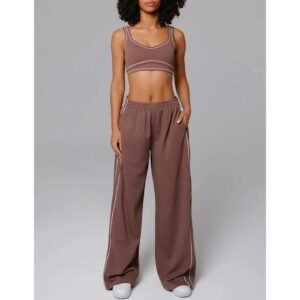 Contrast Trim Bra Top and Wide-Leg Pants Set